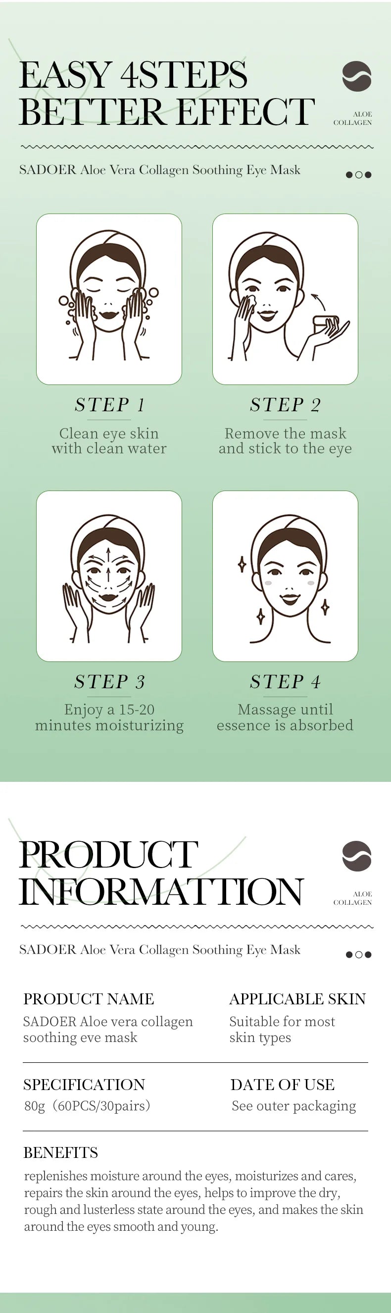 SADOER Collagen & Aloe Vera Eye Mask – 60 Pcs Dark Circle & Eye Bag Treatment