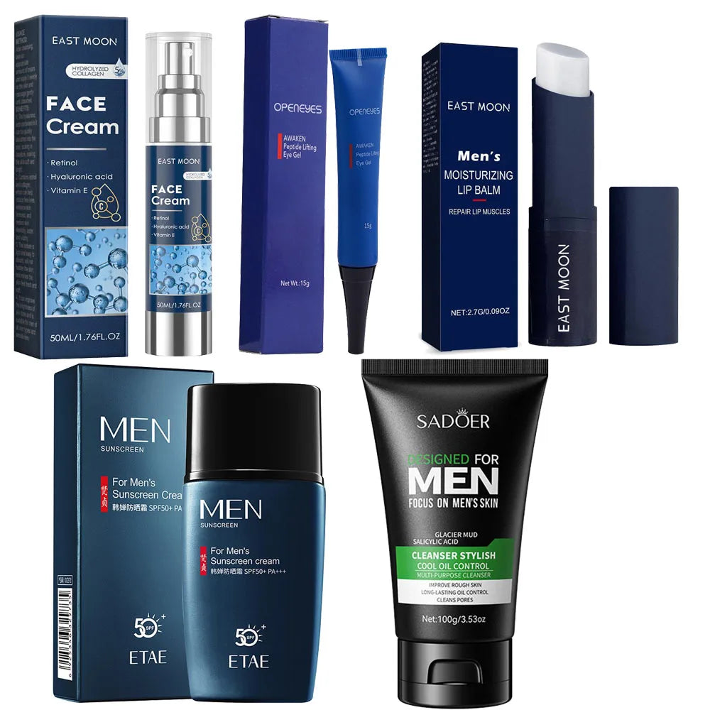 Men’s Skincare Set – Cream, Eye Cream, Cleanser, Sunscreen & Lip Balm