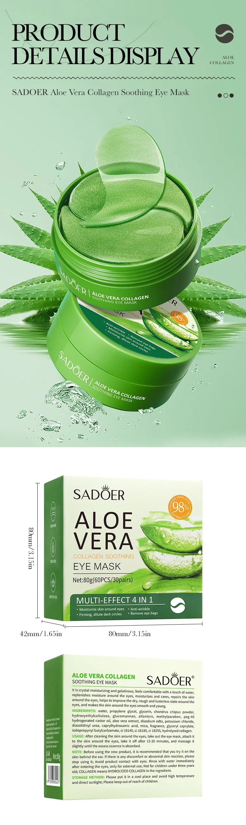SADOER Collagen & Aloe Vera Eye Mask – 60 Pcs Dark Circle & Eye Bag Treatment