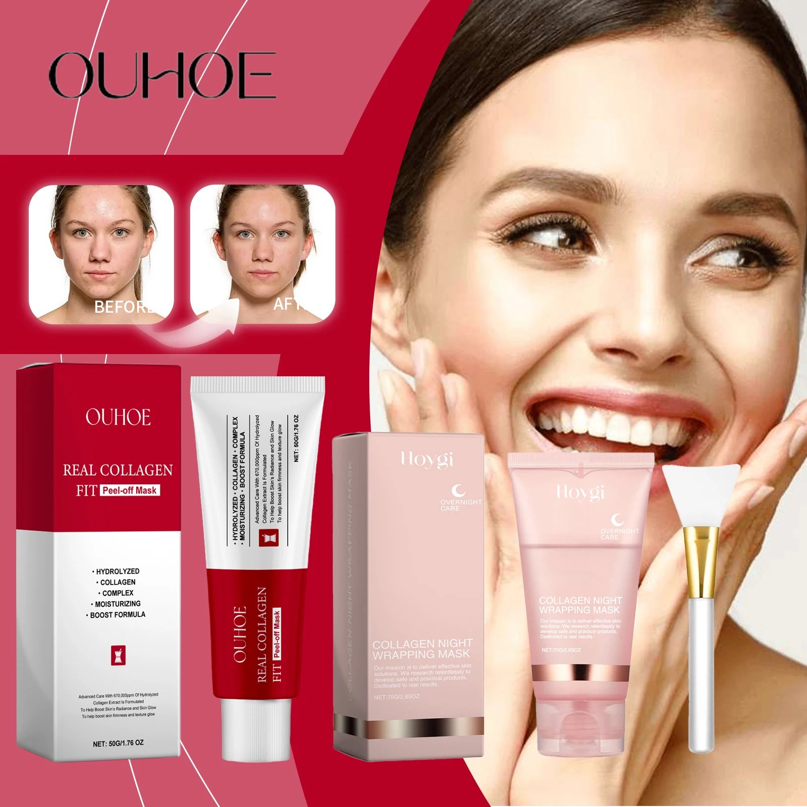 Ouhoe Collagen Peel-Off Mask – Firming & Hydrating with Brush